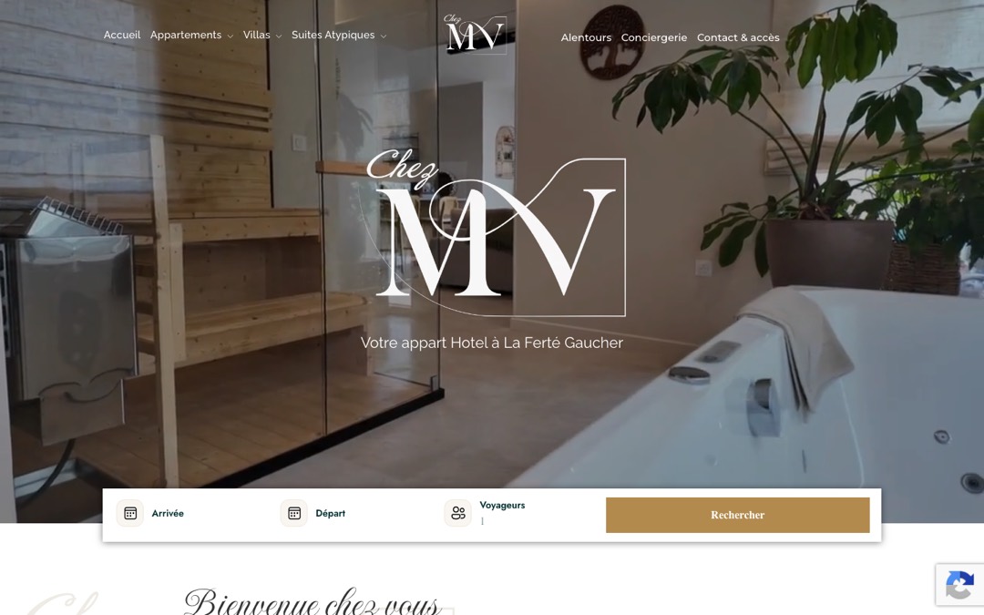 Accueil du site Chez MV, à La Ferté-Gaucher, avec la barre de recherche Arrivée, Départ et Voyageurs sous la vidéo d’accueil