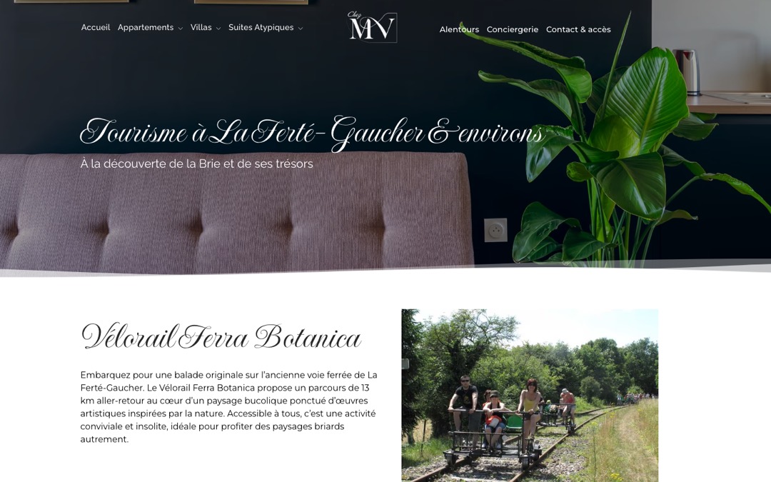 Page « Alentours » du site Chez MV : titre « Tourisme à La Ferté-Gaucher & environs », sous-titre sur la Brie, puis la section « Vélorail Ferra Botanica » avec une photo de vélorail