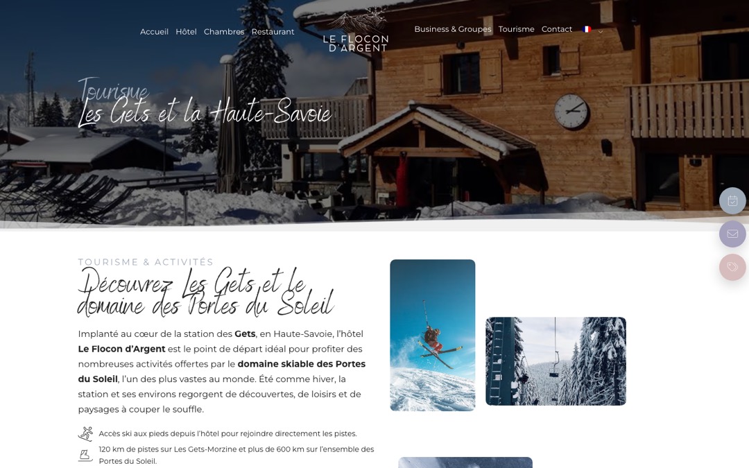 Page « Tourisme » du site Le Flocon d’Argent : titre « Les Gets et la Haute-Savoie » sur une photo du chalet enneigé, puis un texte sur le domaine skiable des Portes du Soleil et des photos de ski