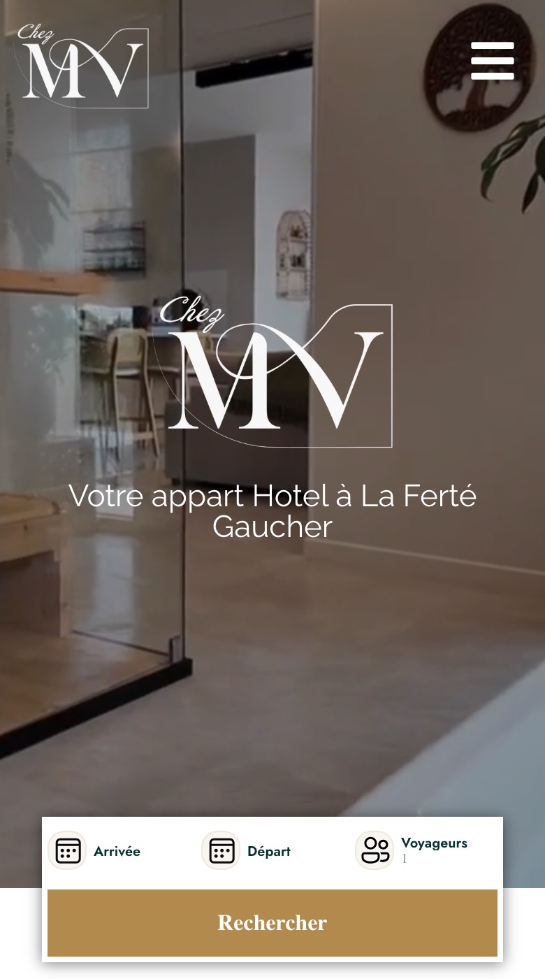 Accueil du site Chez MV sur téléphone : cases arrivée, départ et voyageurs et bouton « Rechercher » dans le premier écran
