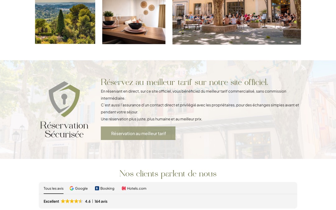 Encadré « Réservez au meilleur tarif sur notre site officiel » du site Sous Les Platanes, avec bouton « Réservation au meilleur tarif », et module d’avis à onglets Google, Booking et Hotels.com en dessous