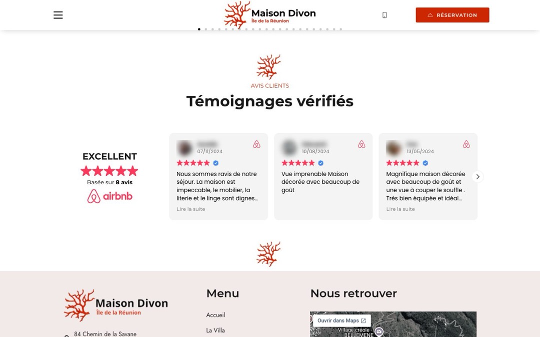 Bloc « Témoignages vérifiés » du site de la Maison Divon, île de la Réunion : note « Excellent » sur la base de 8 avis Airbnb, avis datés portant le logo Airbnb ; noms et photos des auteurs floutés
