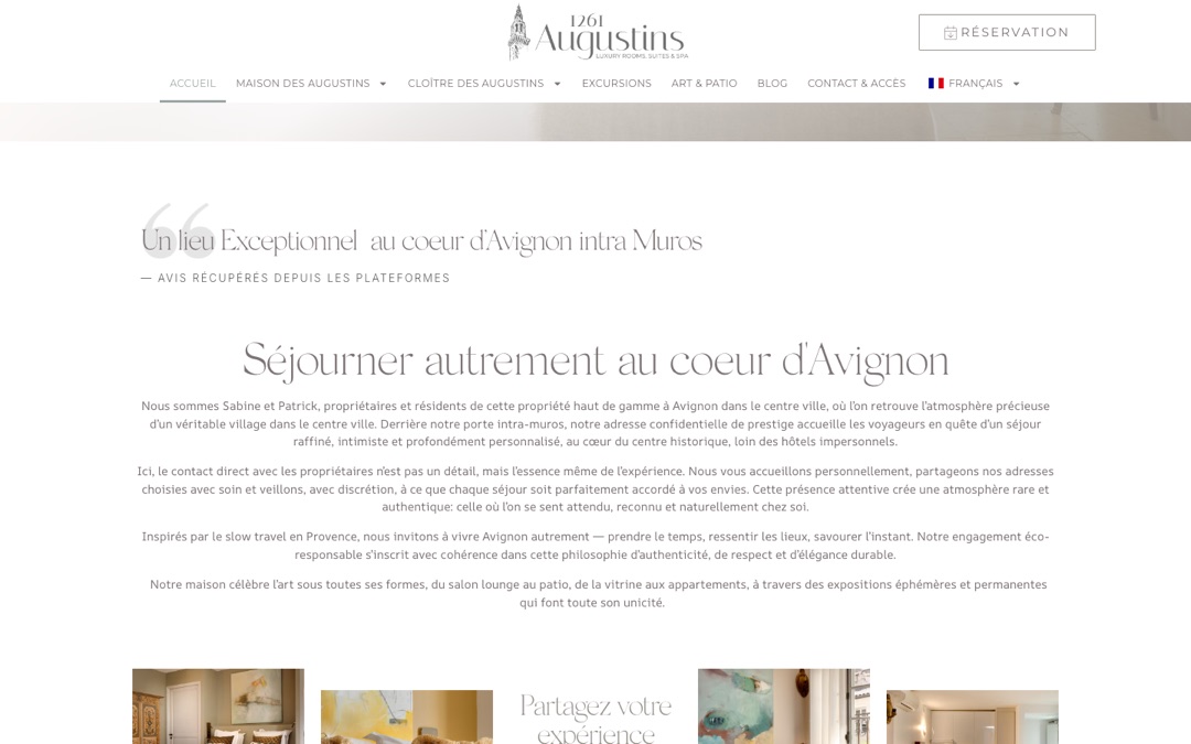 Accueil du site Augustins 1261, à Avignon : une citation d’avis suivie de la mention « Avis récupérés depuis les plateformes »