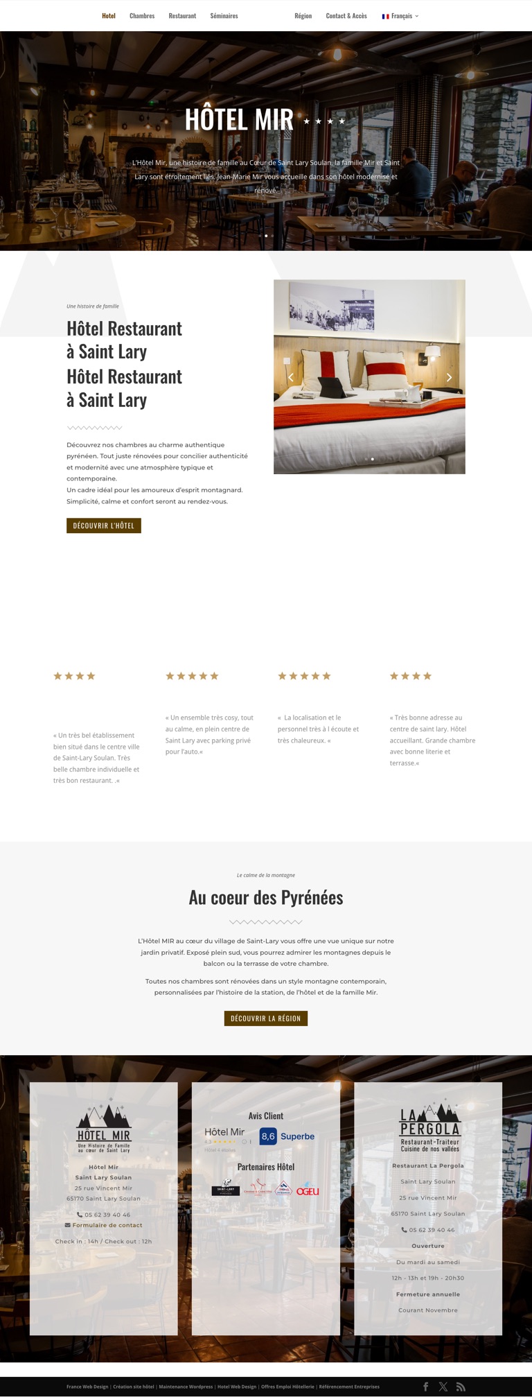 Capture pleine page du site de l’Hôtel Mir, hôtel et restaurant à Saint-Lary-Soulan, dans les Pyrénées