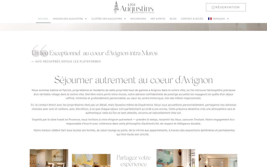 Accueil du site Augustins 1261, à Avignon : citation d’avis « Un lieu exceptionnel au cœur d’Avignon intra-muros » suivie de la mention « Avis récupérés depuis les plateformes »