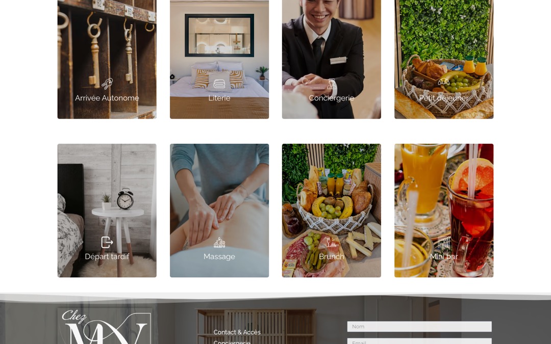 Services proposés par Chez MV, à La Ferté-Gaucher : arrivée autonome, literie, conciergerie, petit déjeuner, départ tardif, massage, brunch et mini bar, chacun sur une vignette