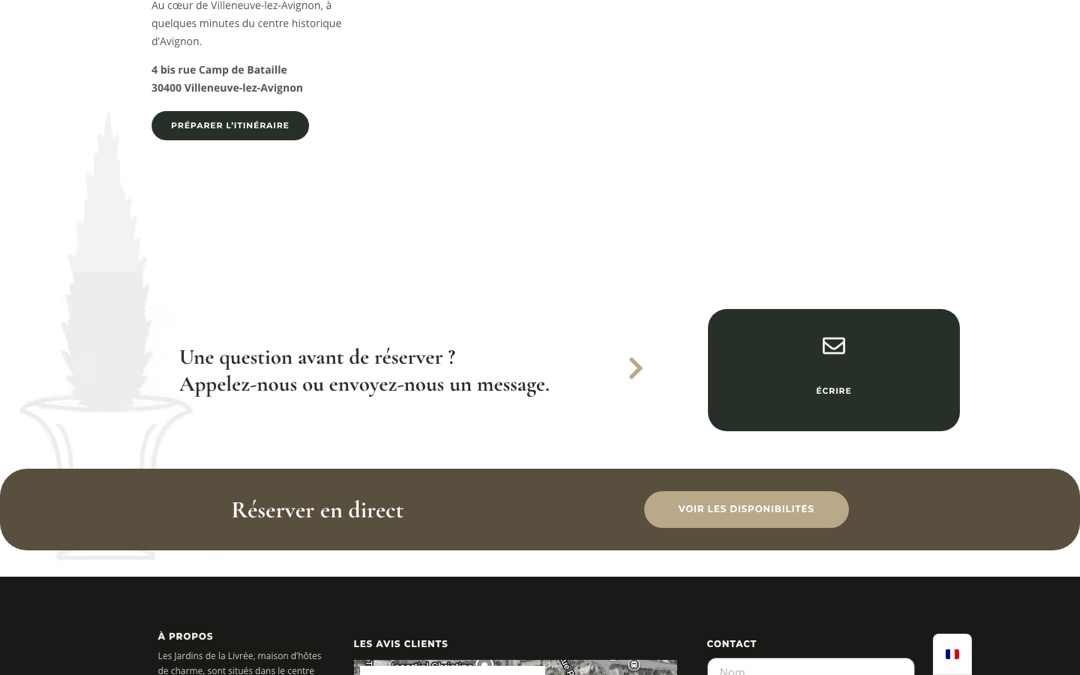 Fin de la page d’accueil des Jardins de la Livrée : invitation à appeler ou écrire avant de réserver, puis bandeau « Réserver en direct » avec le bouton « Voir les disponibilités »