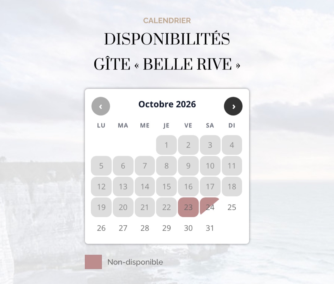 Calendrier de disponibilités du gîte Belle Rive pour octobre 2026, avec les dates non disponibles en rose et leur légende