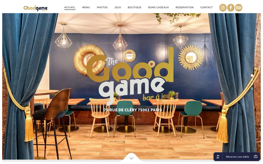Accueil du site de The Good Game, bar à jeux à Paris : menu avec une entrée « Réservation » et bouton « Réserver une table » en bas à droite de l’écran