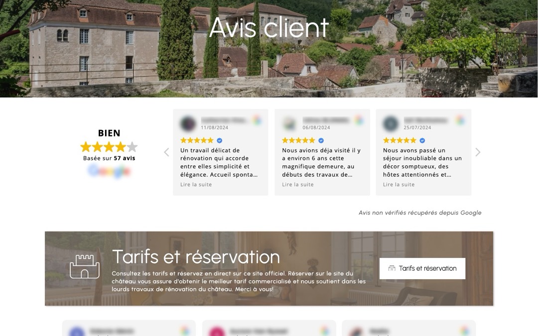 Page « Avis client » du site du Château de Larnagol : note moyenne sur la base de 57 avis, avis datés qui défilent, mention « Avis non vérifiés récupérés depuis Google » et bandeau « Tarifs et réservation »