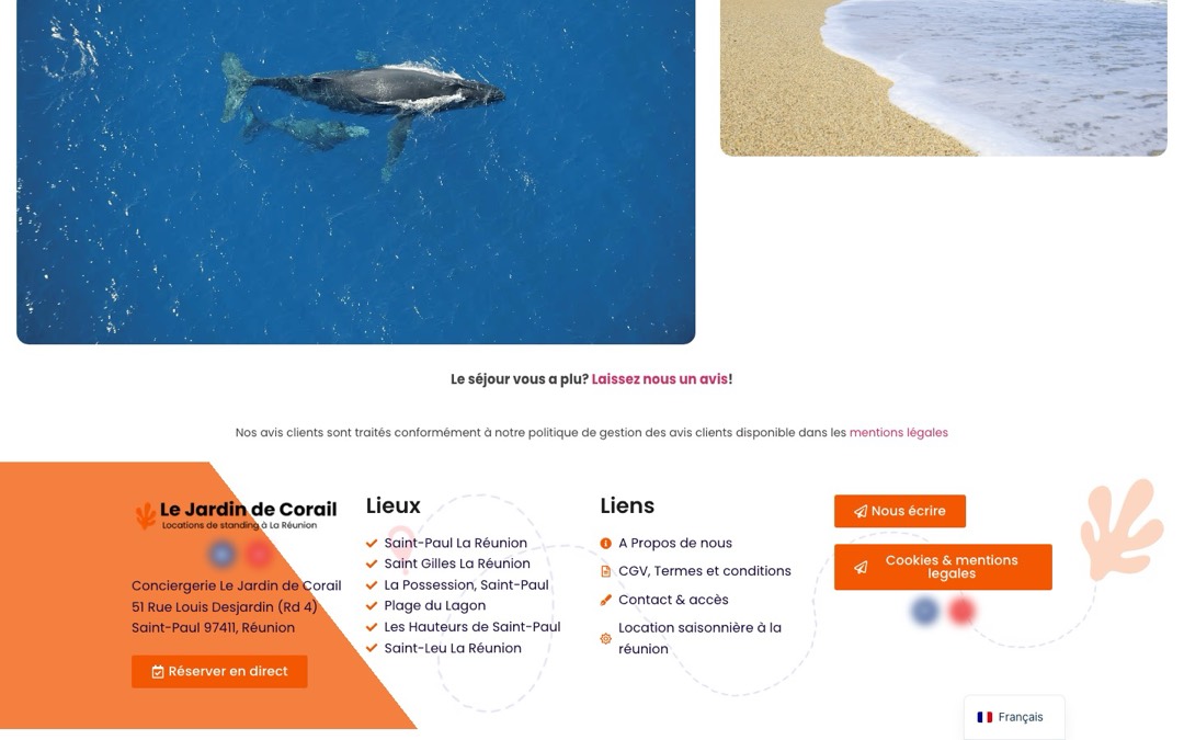 Bas de page du site Le Jardin de Corail : phrase « Le séjour vous a plu ? Laissez nous un avis ! », mention sur la politique de gestion des avis clients et pied de page orange