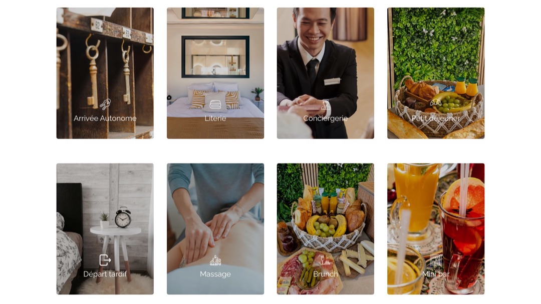 Site de Chez MV : huit vignettes de services, dont arrivée autonome, conciergerie, petit-déjeuner, départ tardif et massage