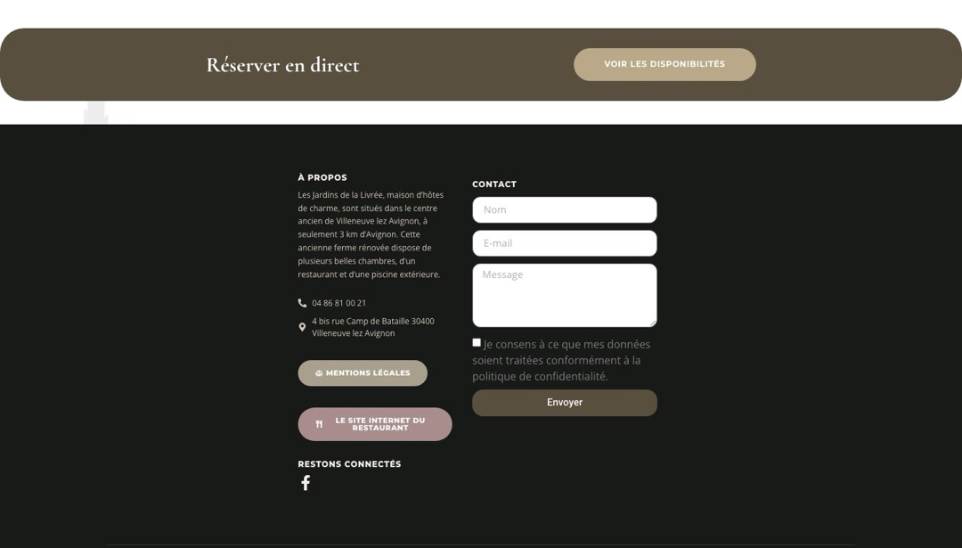 Pied de page du site des Jardins de la Livrée : bandeau « Réserver en direct » et formulaire de contact avec une case de consentement