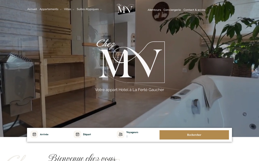 Accueil du site Chez MV : photo de l’appart’hôtel de La Ferté-Gaucher et barre de recherche arrivée, départ, voyageurs