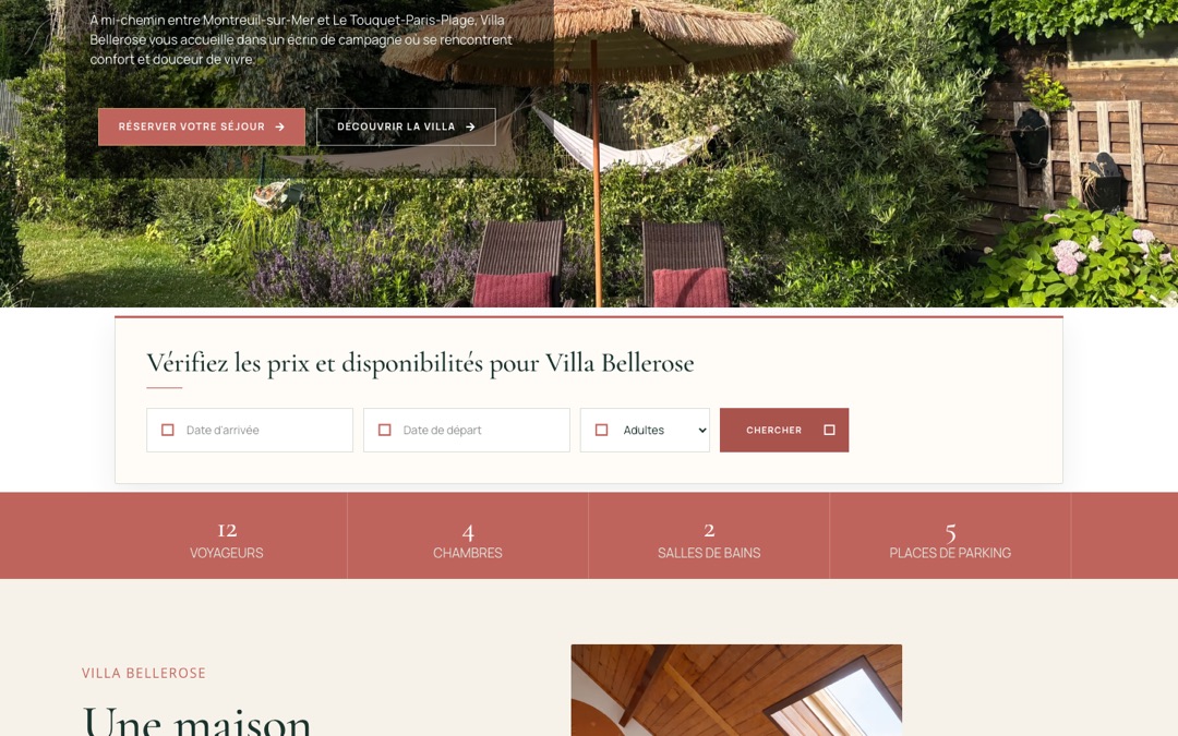 Accueil du site Villa Bellerose : photo de la maison de vacances de la Côte d’Opale et bouton Réserver votre séjour