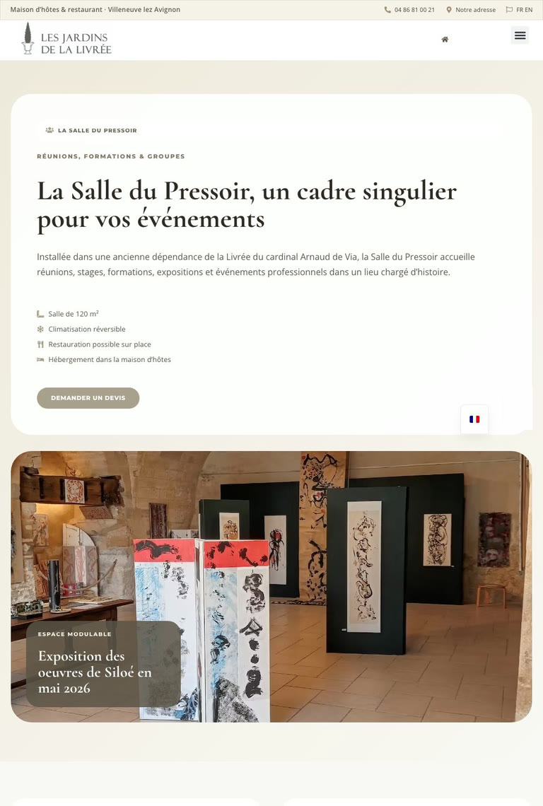Capture de la page Séminaire du site des Jardins de la Livrée, à Villeneuve-lès-Avignon
