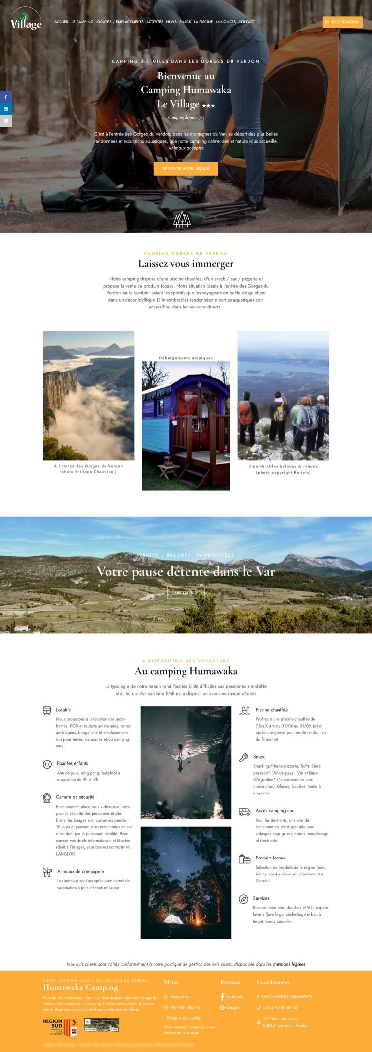Capture pleine page du site internet du camping Humawaka, camping nature dans les Gorges du Verdon