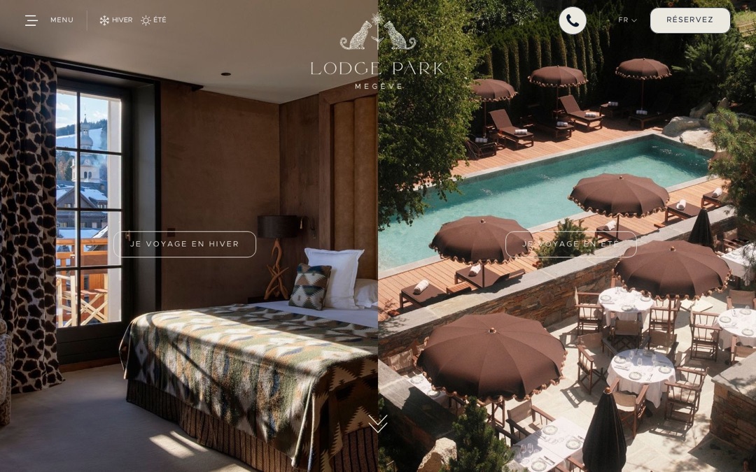 Accueil du site du Lodge Park, à Megève : écran coupé en deux, une chambre en hiver et une terrasse de piscine en été, boutons « Je voyage en hiver » et « Je voyage en été »