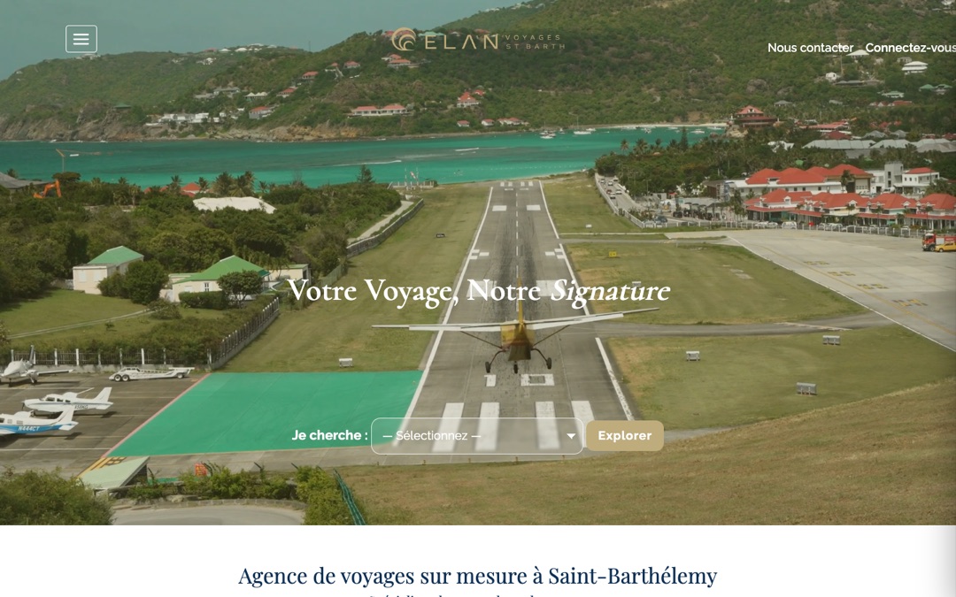 Page d’accueil du site d’Elan Voyages St Barth, agence de voyages : piste d’atterrissage de Saint-Barthélemy et champ « Je cherche »