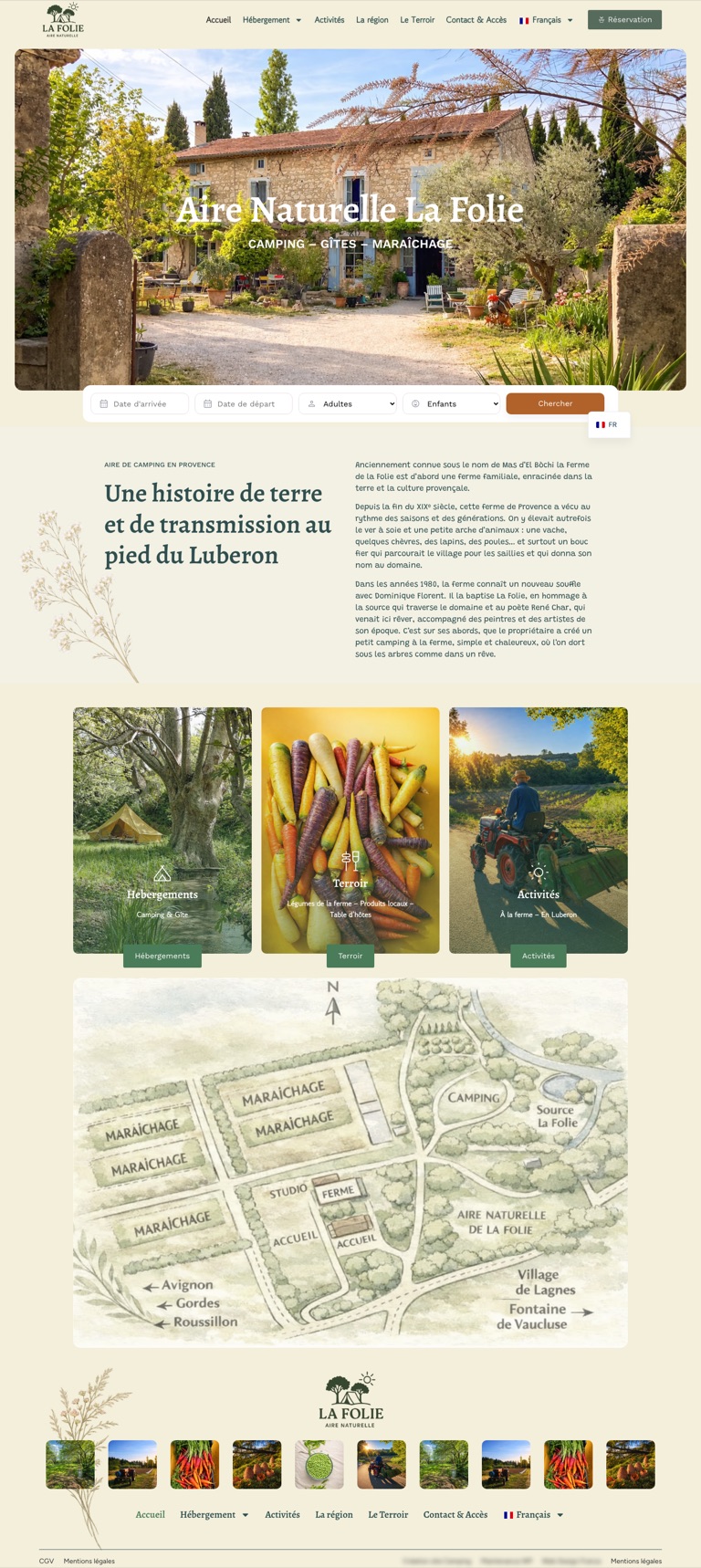 Capture pleine page du site internet de l’Aire Naturelle La Folie, camping à la ferme à Lagnes près d’Avignon