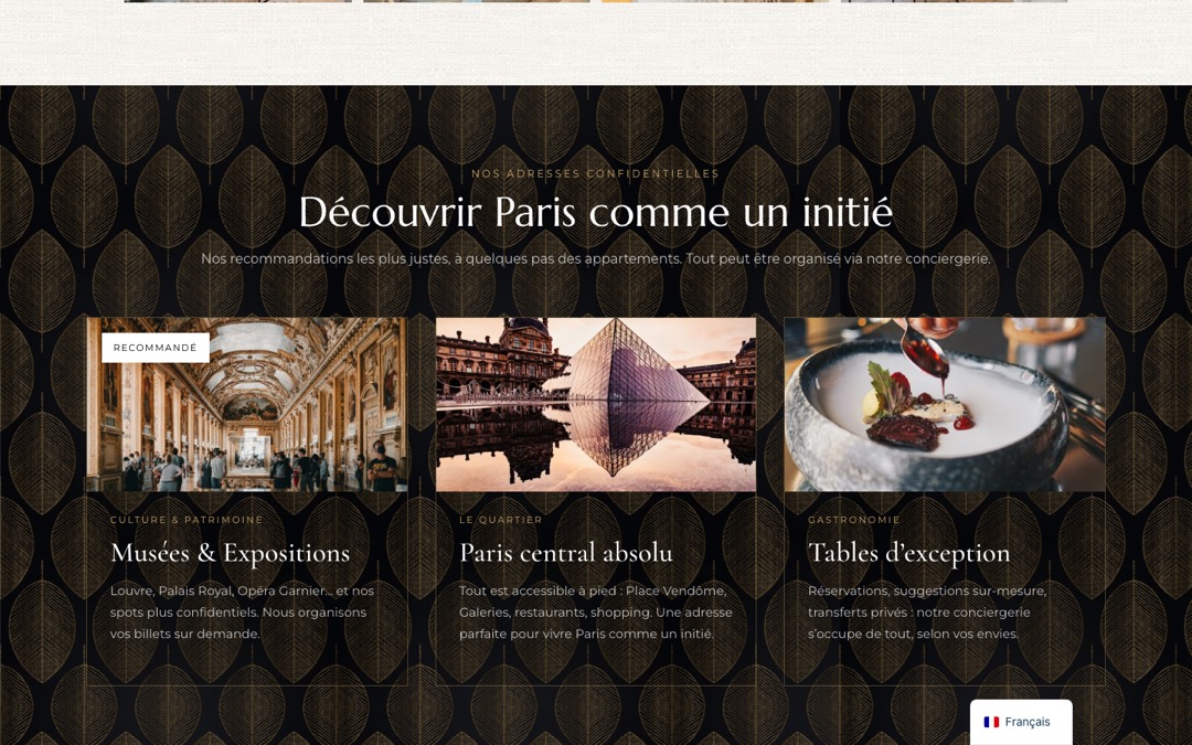 Section « Découvrir Paris comme un initié » du site Home Sweet Home Paris : titre en haut, trois cartes, fond noir à motif de feuilles dorées