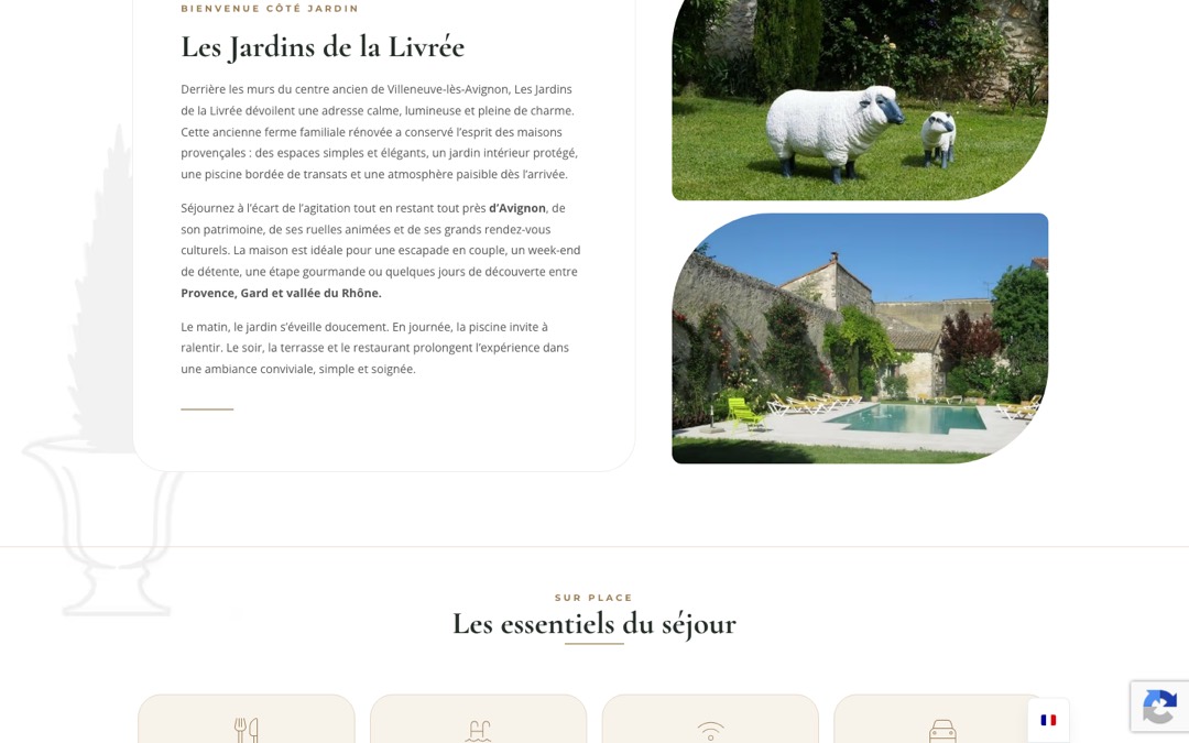 Page d’accueil des Jardins de la Livrée : texte de présentation et deux photos, avec une illustration en filigrane à gauche
