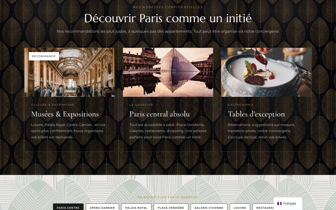 Page d’accueil du site Home Sweet Home Paris, avec la section « Nos adresses confidentielles » consacrée à la découverte de Paris