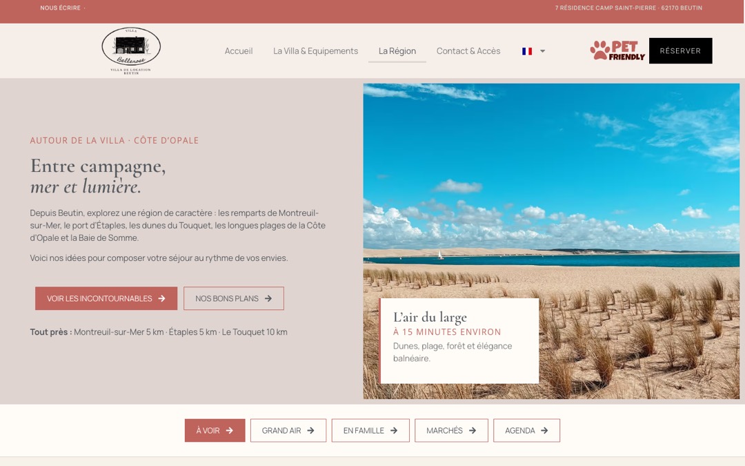Page « La Région » du site de la Villa Bellerose, avec les dunes et la plage de la Côte d’Opale