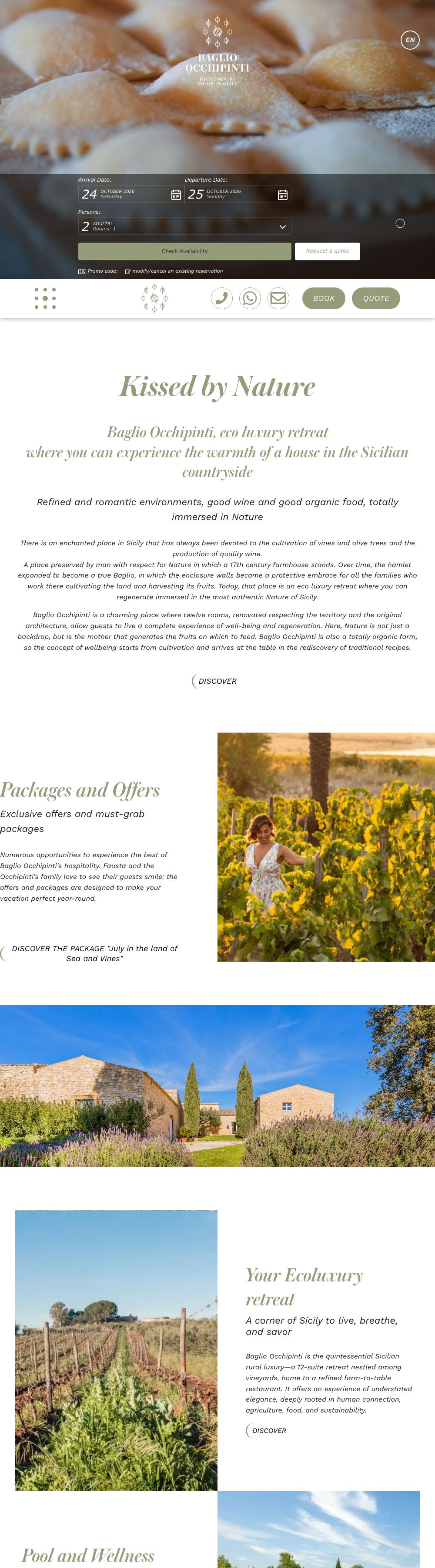 Desktop view of the Baglio Occhipinti home page: a full-width video with the logo and a booking box for dates, guests, Check Availability and Request a quote, then a bar with call, WhatsApp, email, Book and Quote buttons