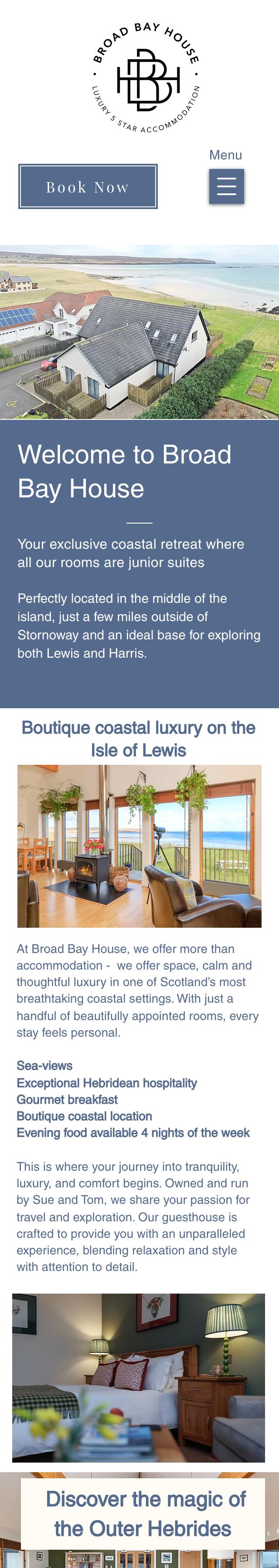 Phone view of the Broad Bay House home page: the round logo with Book Now and Menu buttons, then a photo of the house above the welcome on a blue panel