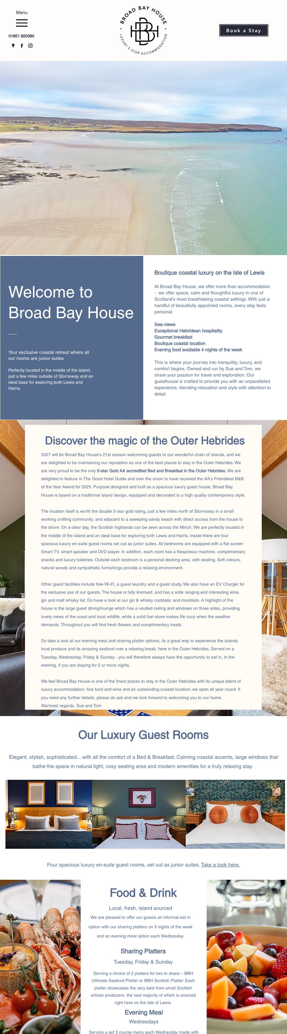 Desktop view of the Broad Bay House home page: the phone number and a Book a Stay button beside the round logo, a full-width photo of a sandy beach, then the welcome text and the four rooms