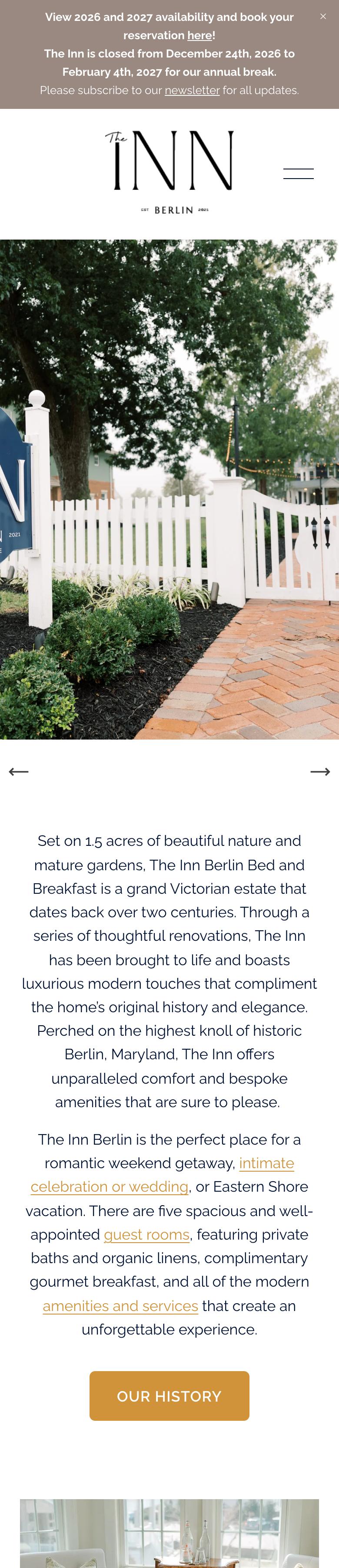 Phone view of The Inn Berlin home page: the announcement bar, the logo and menu icon, then the entrance photo with the same blocks stacked in one column