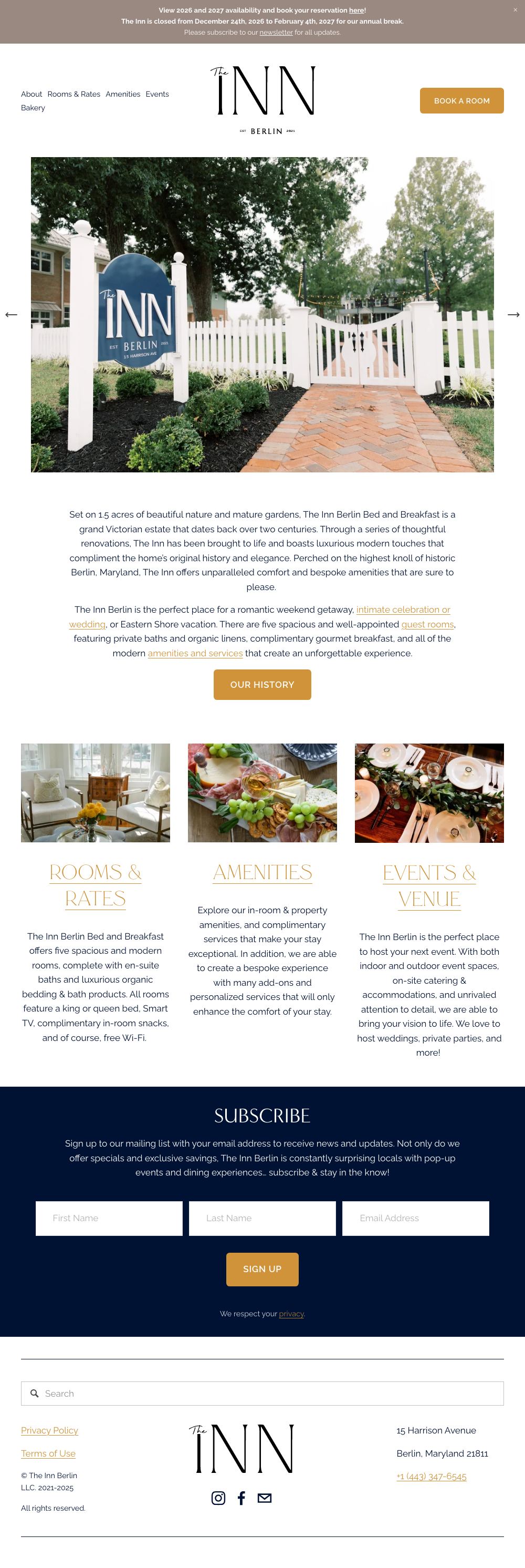 Desktop view of The Inn Berlin home page: an announcement bar, the logo with a short menu and a Book a Room button, a photo of the entrance gate, then three blocks for rooms, amenities and events