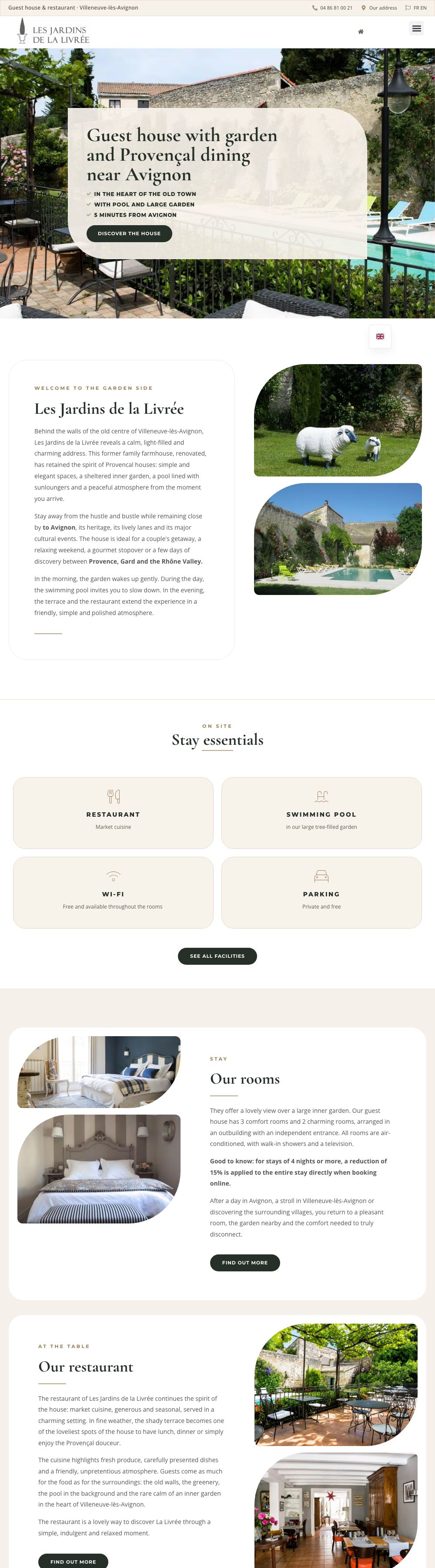 Desktop view of the Les Jardins de la Livrée home page: a top bar with phone and language links, a photo of a terrace and pool with a card stating the promise, then the welcome text and the Stay essentials tiles