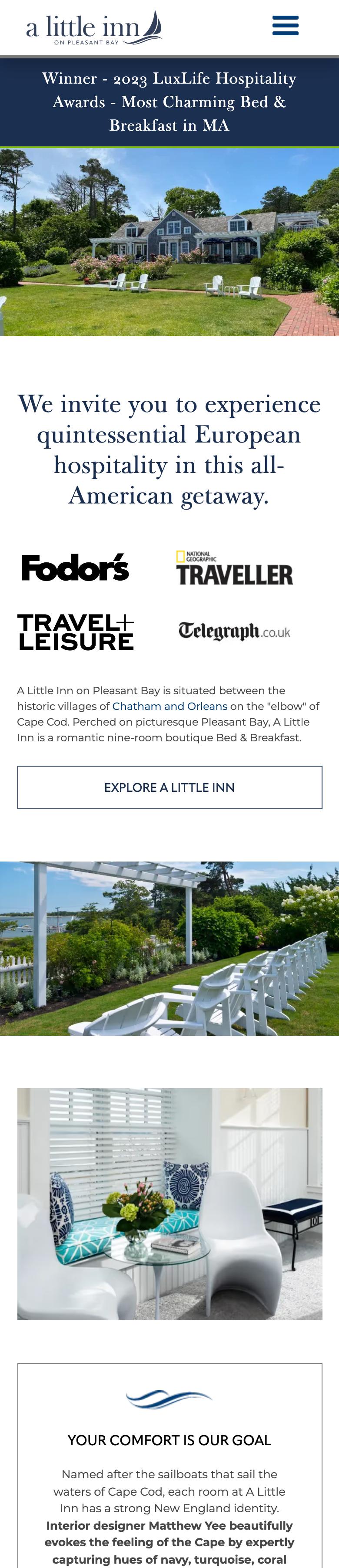 Phone view of the A Little Inn on Pleasant Bay home page: the logo and menu icon, the award banner, the photo of the house, then the welcome line above four press logos