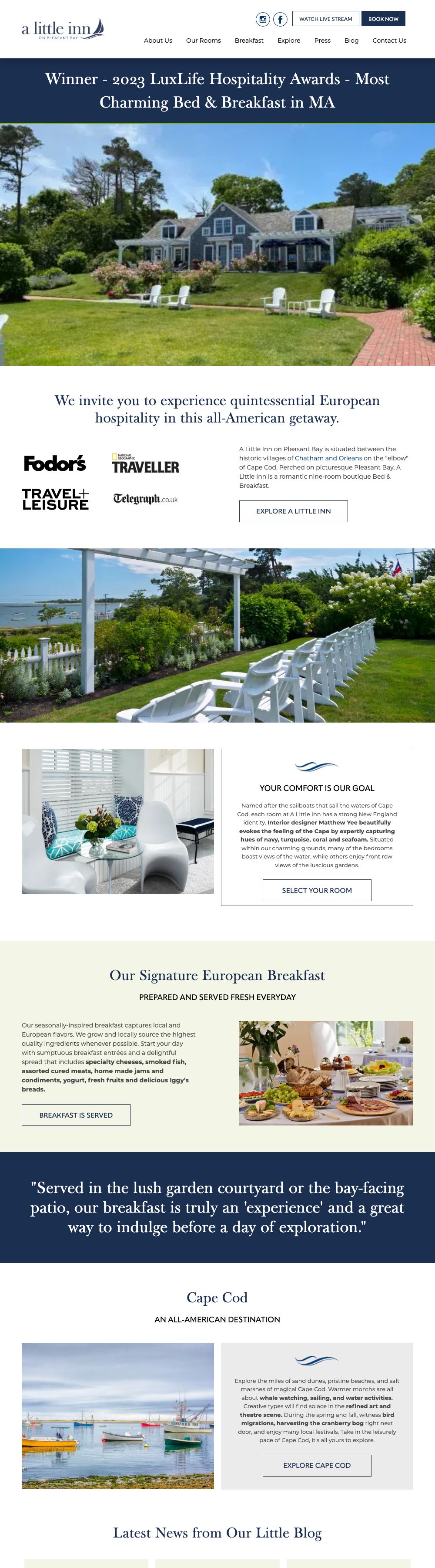Desktop view of the A Little Inn on Pleasant Bay home page: an award banner above a photo of the house and garden, then the welcome text and the rooms, breakfast and Cape Cod sections