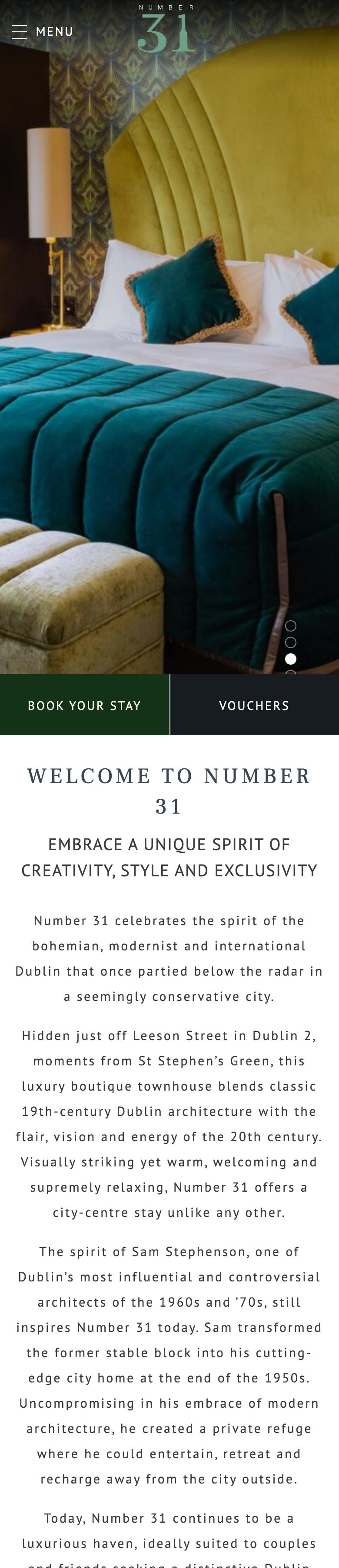 Phone view of the Number 31 home page: a full-screen photo of a gold velvet headboard and a teal bedspread, with a Menu button at the top left and the logo, then a Book Your Stay bar and a Vouchers button