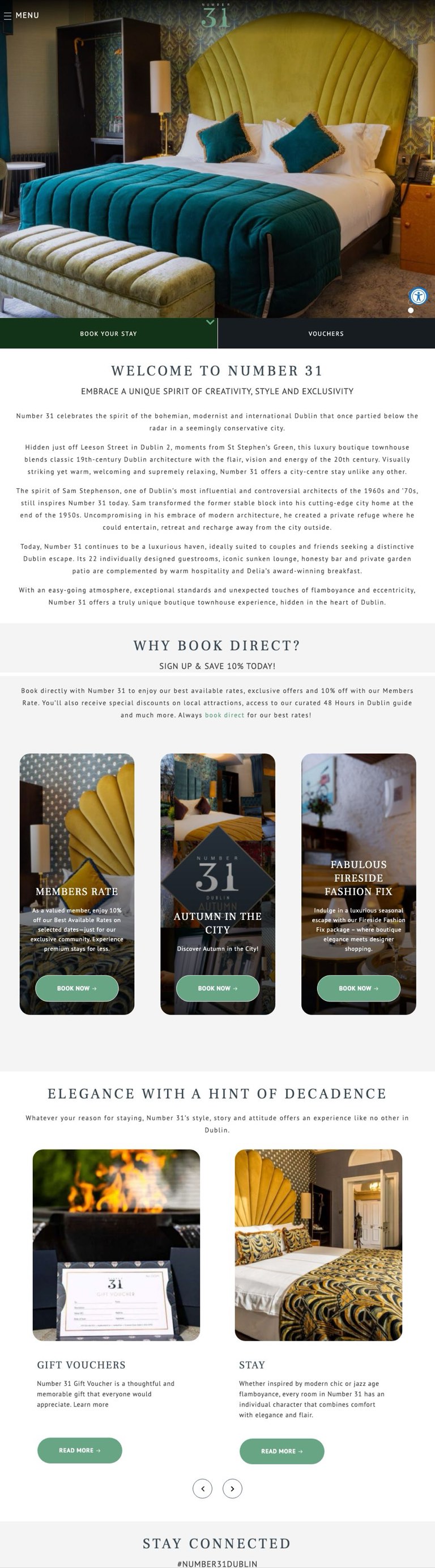 Full-page screenshot of the Number 31 website, a boutique townhouse in Dublin
