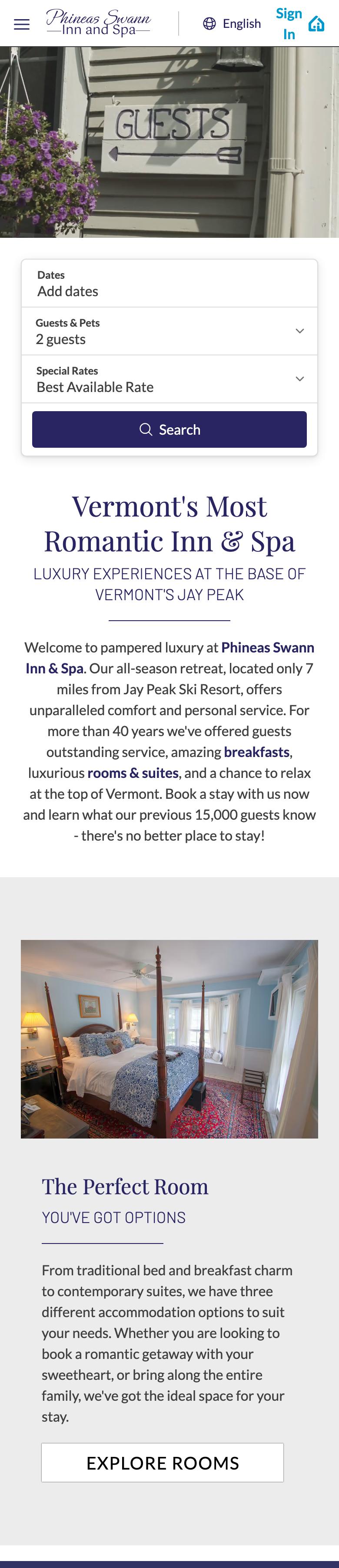 Phone view of the Phineas Swann Inn and Spa home page: the menu icon, the opening photo, then the booking bar with dates, guests and special rates above the welcome