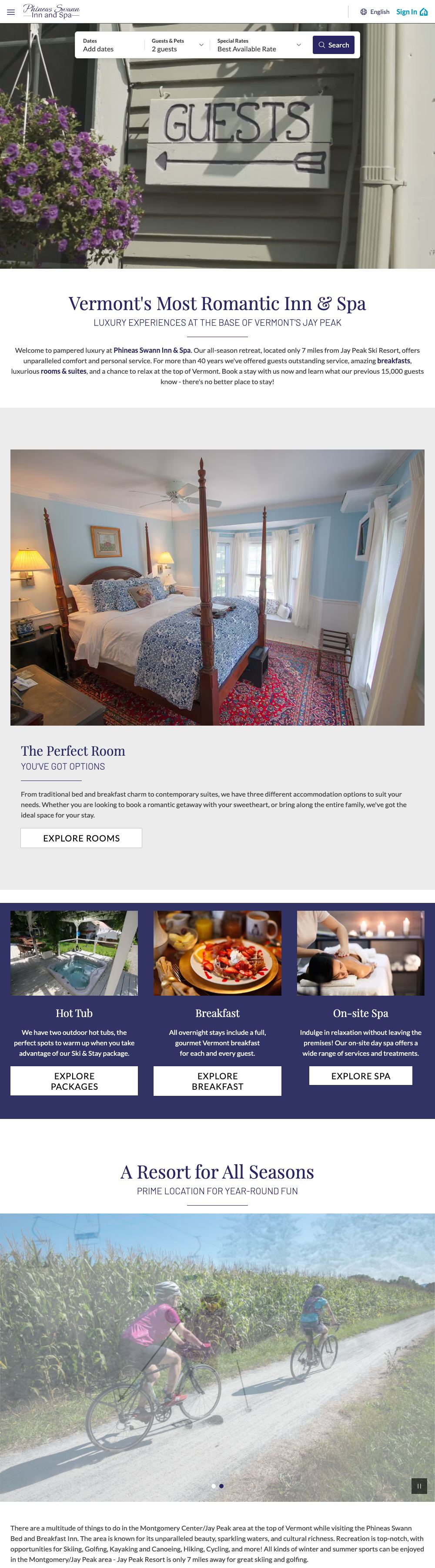 Desktop view of the Phineas Swann Inn and Spa home page: a booking bar with dates, guests and pets over the opening photo, then the welcome text and four feature blocks