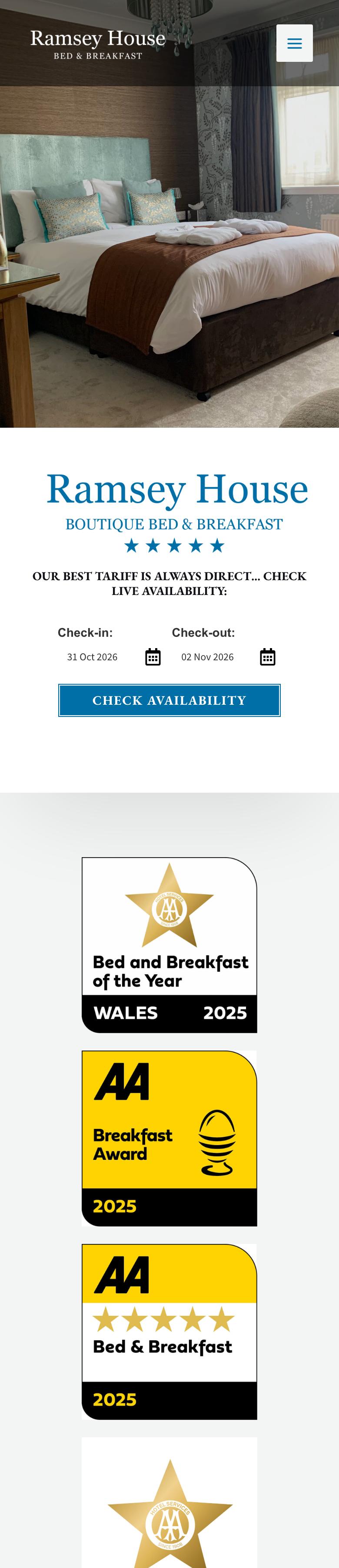 Phone view of the Ramsey House home page: a bedroom photo under the menu icon, the logo with five stars and the check-in and check-out fields