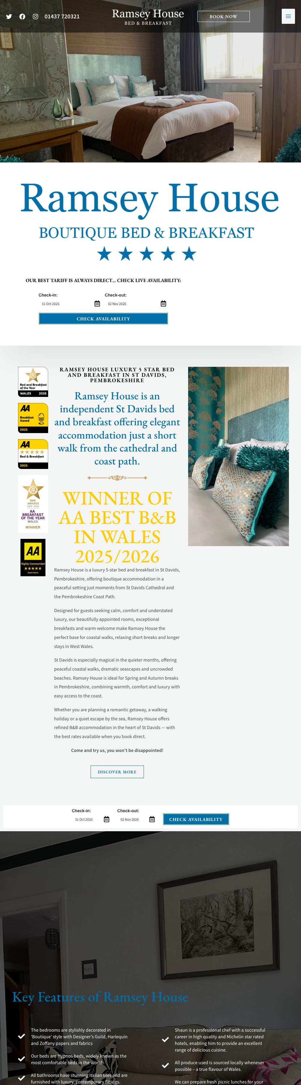 Desktop view of the Ramsey House home page: the phone number and a Book Now button over a bedroom photo, the logo with five stars, then the introduction beside a column of award badges