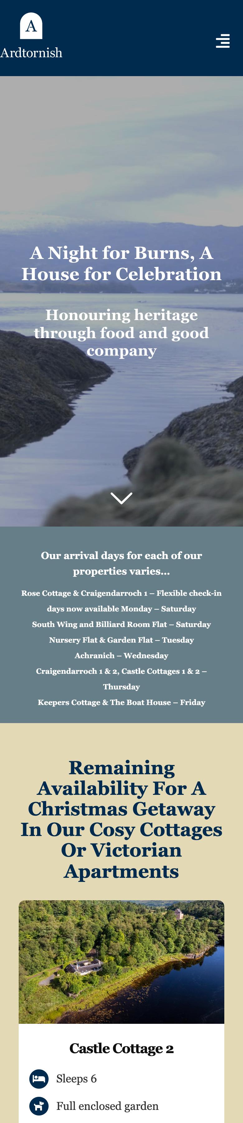 Full home page of the Ardtornish website on a phone, with a band listing the arrival days of each property above the first property card