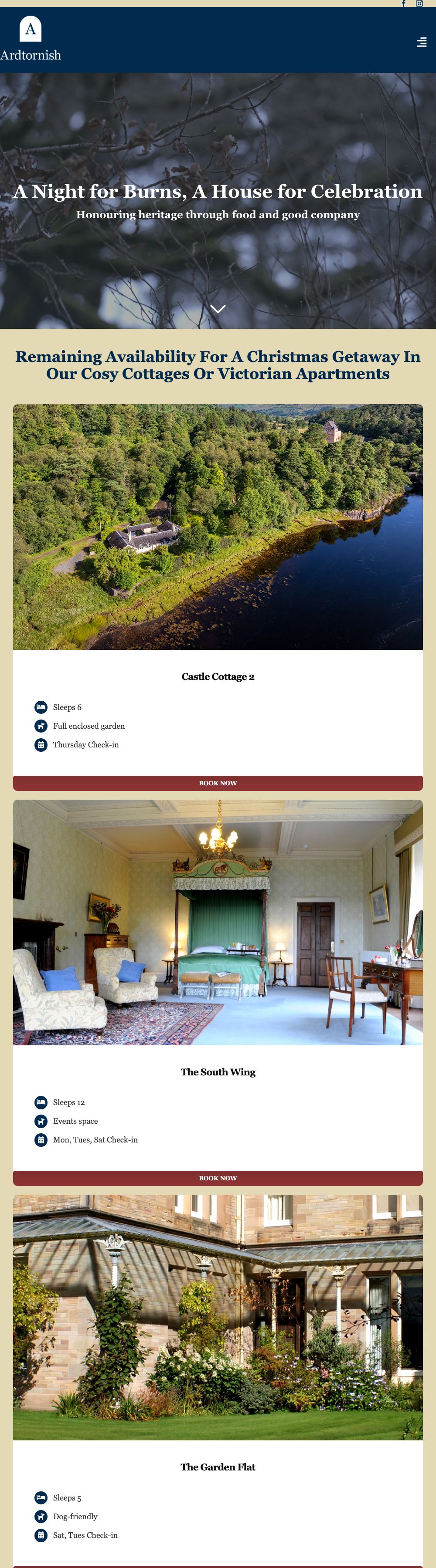 Full home page of the Ardtornish website on a desktop computer: an event banner over a dark wooded Highland photo, a heading about Christmas availability, then property cards that show the number of guests, one feature and the arrival days, each with a Book now button