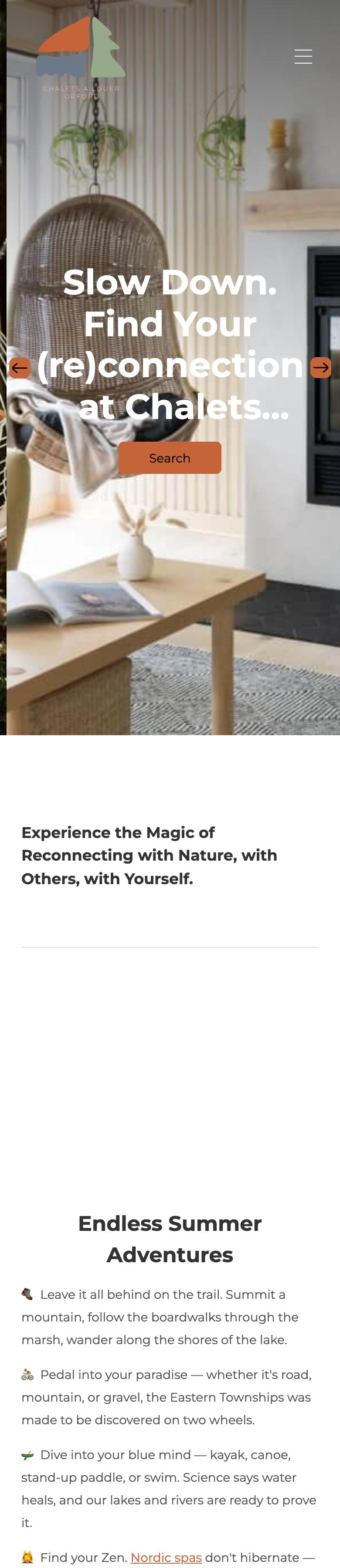 Full home page of the Chalets Hygge website on a phone, with the search fields folded behind a single Search button under the headline