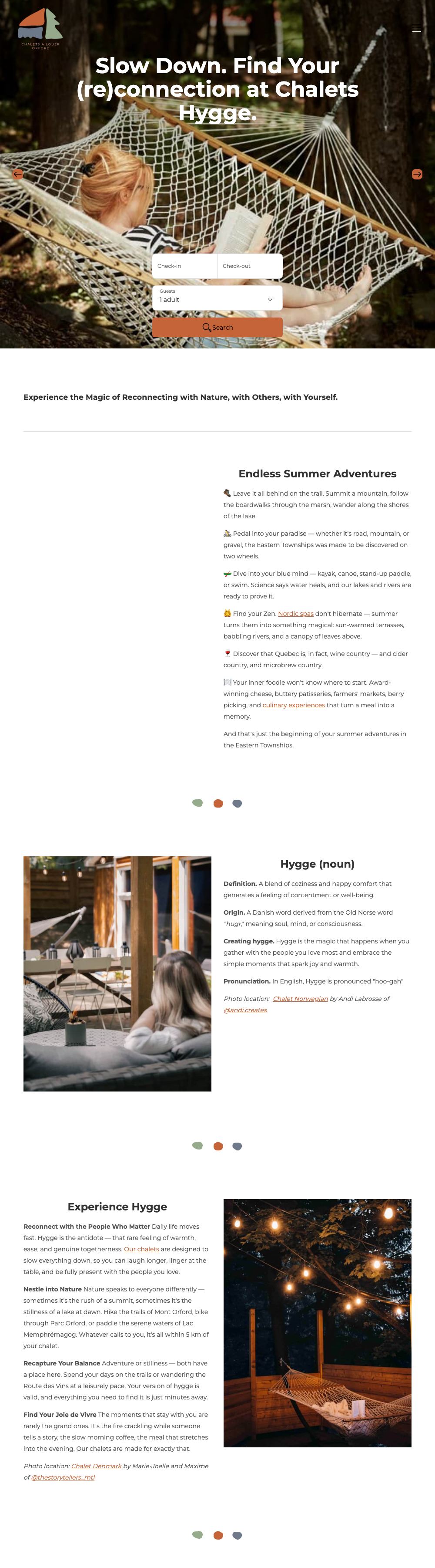 Full home page of the Chalets Hygge website on a desktop computer: a woman reading in a hammock among the trees under the headline Slow Down, a date and guest search bar, then summer activities and the meaning of the word hygge