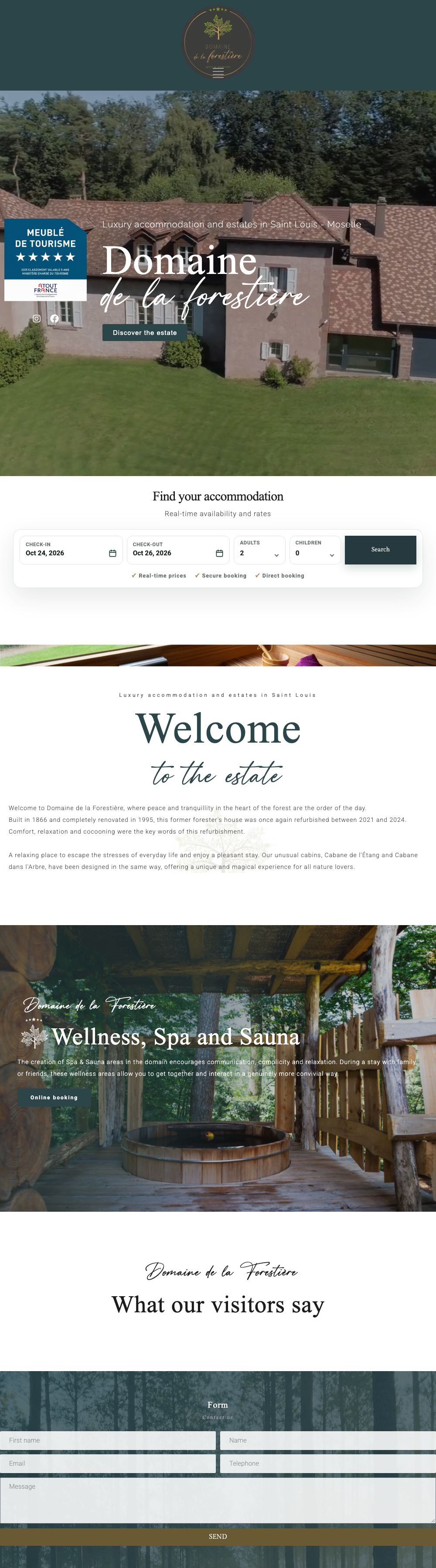 Full home page of the Domaine de la Forestière website on a desktop computer: the stone house with a five-star classification badge, a bar to search by dates, adults and children, then the estate, the wellness area and a contact form