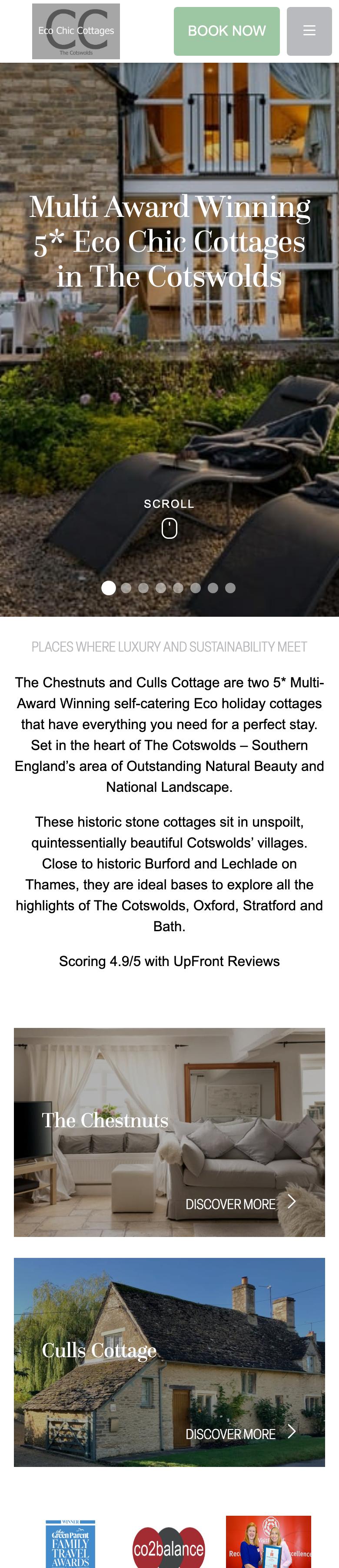 Full home page of the Eco Chic Cottages website on a phone, with a Book now button in the header and one tile for each of the two cottages