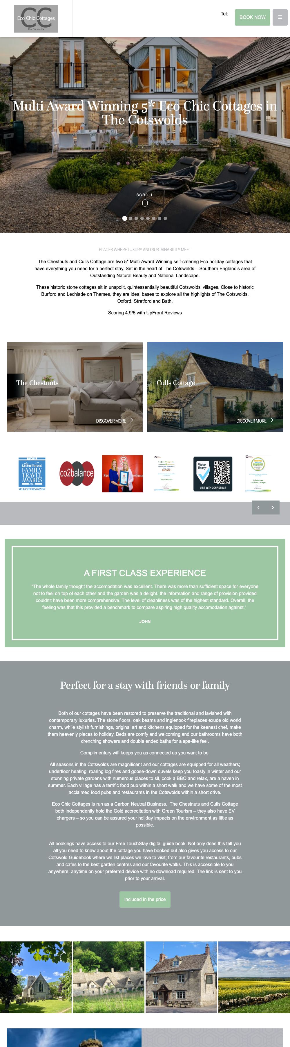 Full home page of the Eco Chic Cottages website on a desktop computer: a stone cottage terrace under a multi-award-winning five-star claim, two cottage tiles, award badges and a guest quote