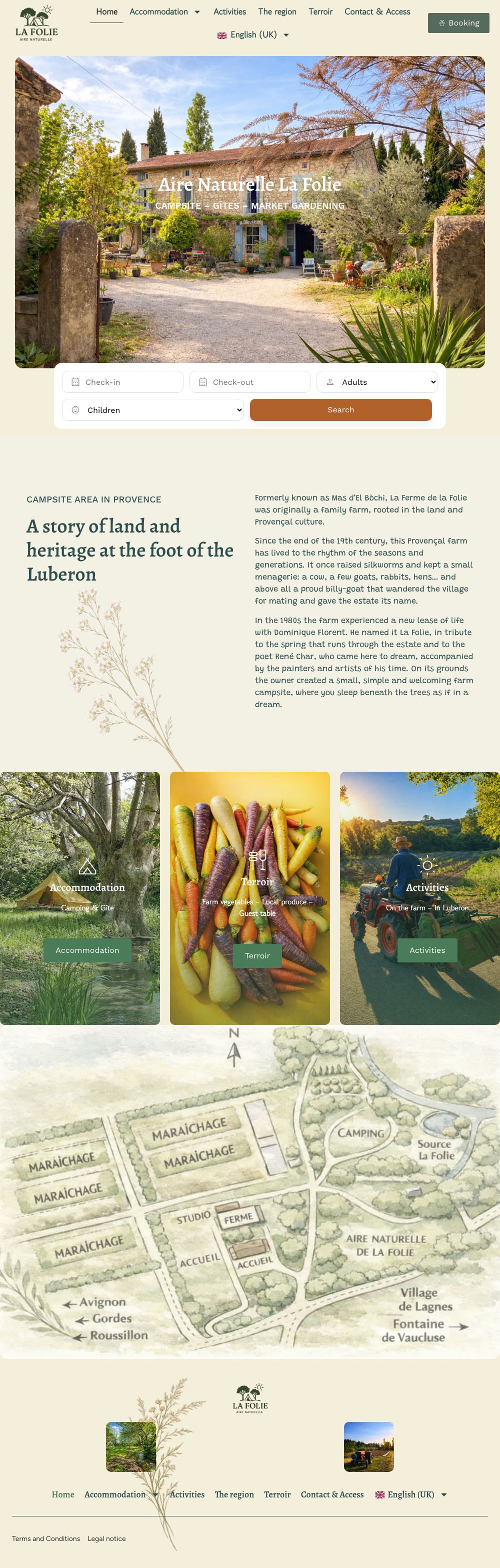 Full home page of the Aire Naturelle La Folie website on a desktop computer: a Provençal farmhouse with a booking bar over the photo, the story of the farm, three tiles for accommodation, local produce and activities, then a hand-drawn map of the estate
